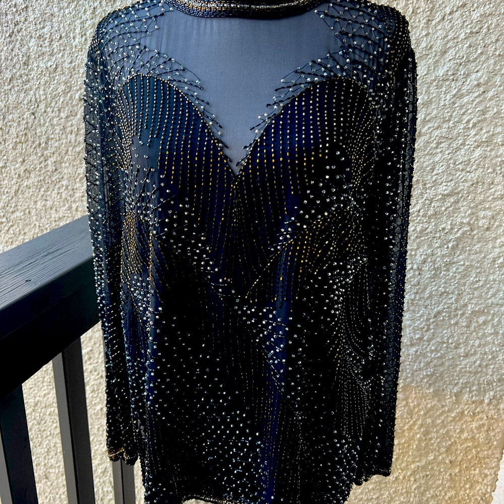 Oleg Cassini Vintage 90’s Sequin & beaded long sleeve shirt, size M